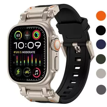 Силиконовый ремешок для Apple Watch Ultra 2/Ultra 49 мм 9 8 7 45 мм Прочный металлический + резиновый браслет для iWatch Series SE 6 5 4 3 2 1 44 мм 42 мм 45mm 44mm 42mm for apple watch