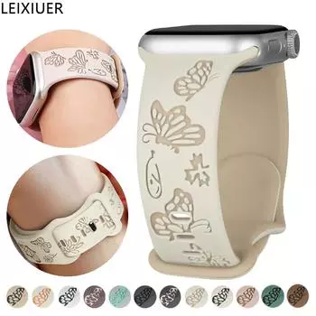 Силиконовый ремешок для Apple Watch Ultra 2/Ultra 49 мм с гравировкой, женский ремешок с узором «бабочка» для iWatch Series 10 9 8 7 6 5 4 3 SE 46 мм 44 мм 40 мм 42 мм 38 мм 42mm 41mm 40mm 38mm for apple watch