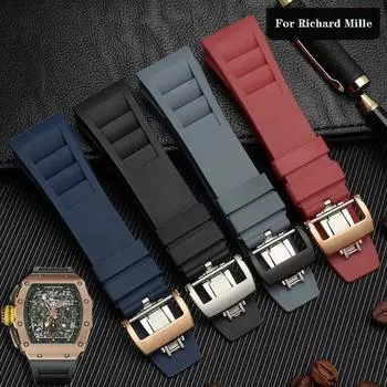 Силиконовый ремешок для часов Richard Mille, водонепроницаемый, устойчивый к поту, мягкий, удобный, резиновый ремешок для часов, приподнятый язычок, 25 мм, браслеты 25-20mm