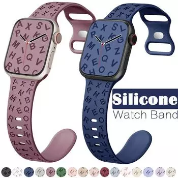 Силиконовый ремешок для SmartWatch Ultra 2 Ultra 49 мм 9 8 7 41 мм 45 мм 44 мм 40 мм 38 мм 42 мм 44 мм Ремешок с гравировкой букв для Smart Watch 6 SE 5 4 3 2 1 41mm 40mm 38mm for apple watch чёрный