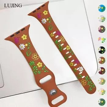 Силиконовый ремешок с гравировкой и цветочным узором для Apple Watch Ultra 49 мм 46 мм 45 мм 40 мм 41 мм, тонкий ремешок-браслет IWatch Series 10 9 8 7 6 5 4 SE 38mm 40mm 41mm белый