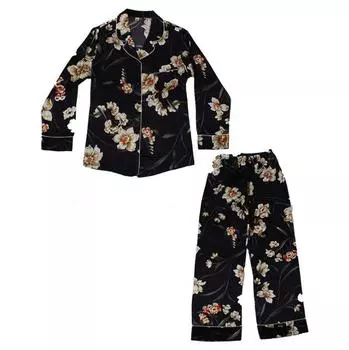 Silk Natural Silk Pajamas Elegant Botanical Flower Pajamas Long Sleeve Tracksuit Room Wear Loungewear Top Pants 2 Piece Set (MAYUDAMA Silk) 100% чёрный