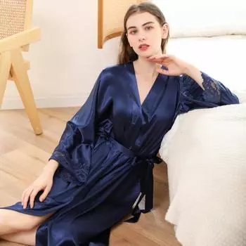 Шелковый атласный женский длинный халат, легкий роскошный халат с чувством чистого цвета, сексуальный кружевной халат с рукавами средней длины, домашняя одежда, модный темперамент и элегантность One size
