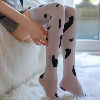 Silk Socks Women Cow Printed Pantyhose Cow Spots Printed Thigh High Stockings Cosplay Stockings чёрный/белый