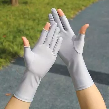 Silk Summer Sun Protection Gloves Mid-Length Thin Elastic Open Finger Tea Picking Etiquette Driving Practice Word Touch Screen Painting Antifouling Dew 2 refers to gray 27cm