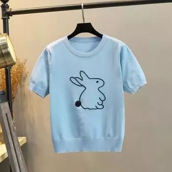 Silm Short Sleeve Bunny Embroidered Thin White T-Shirt Blue M