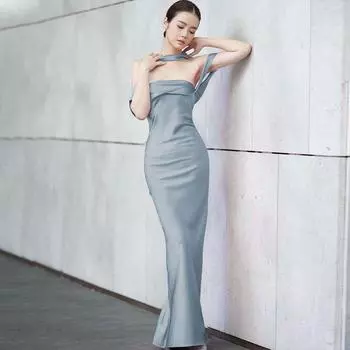 Silm Soft Lady Elegant Long Dress Silk Blue M