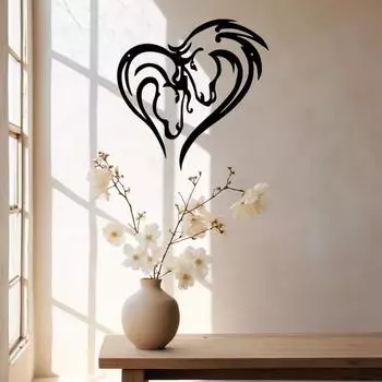 Силуэт Двойная Голова Лошади Металлическое Настенное Искусство – Черный Металлический Настенный Декор, Элегантный Силуэт Искусство на Рождество темно-серого