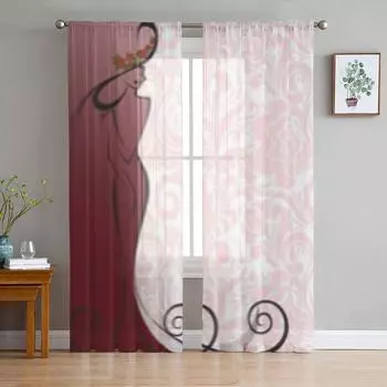 Силуэт стройной женщины в длинном платье и шляпе, шифоновые прозрачные шторы с цветочным принтом для гостиной, спальни, вуали, тюлевая занавеска 135W x 114H(cm)