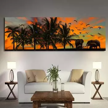 Силуэты диких животных, слонов, холст, картина, пейзаж, восход солнца, постеры и принты, настенные художественные фотографии, домашний декор, без рамки 20*40cm