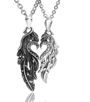 Silver 925 Feather Heart Pair Necklace for Men and Women Bag BOX tb316 [Velvi] (Paper Included) (Feather Heart)