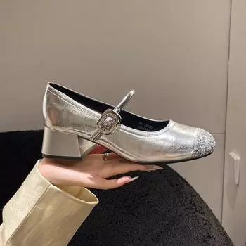 Silver bag head single shoes women s summer new fashion banquet shoes Mary Jane shoes thick heel versatile high heels 35