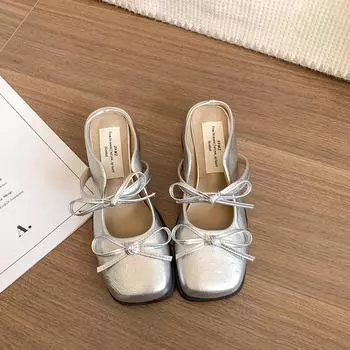 Silver ballet bag head thick heel slippers women s summer wear new square head height increase half drag single shoes 35 серебряный