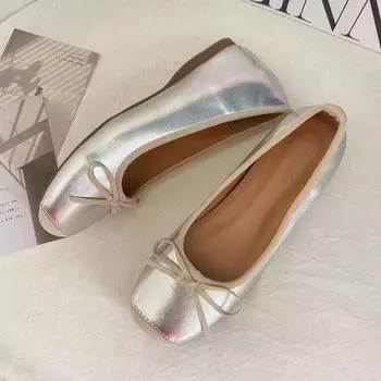 Silver bow Mary Jane shoes children s 2025 new sweet shallow mouth one pedal inner height increase ballet shoes 35 серебряный