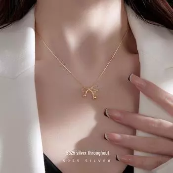 Silver Bow Pendant Necklace - Sweet Ins Style Clavicle Chain Gift for Women NS1095 белого золота