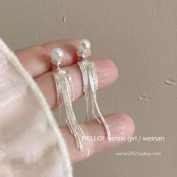 Silver Bright Long Fringe Mosquito Coil Ear Clip Girlish Style Pearl A pair of ear studs