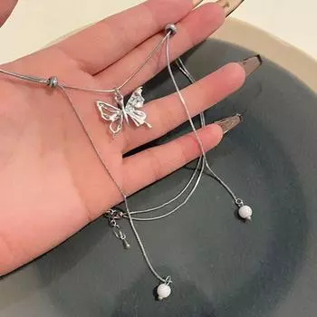 Silver Color Double Layer Butterfly Pendant Necklace Elegant Tassel Clavicle Chain For Women Jewelry Accessories 1PC