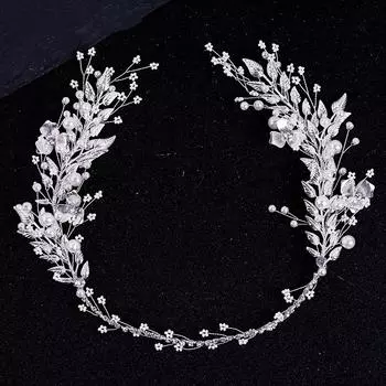 Silver Color Leaf Pearl Headband Tiara For Bridal Hair Accessories Wedding Hair Band Crystal Pearl Tiaras and Brides Headpieces