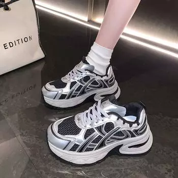 Silver dad shoes women s shoes 2025 new ins trendy platform spring light sports shoes soft leather casual running shoes 35