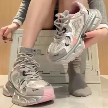 Серебряные туфли для папы, женские весенние новые повседневные сетчатые кроссовки с завышенной платформой 35 серебряный