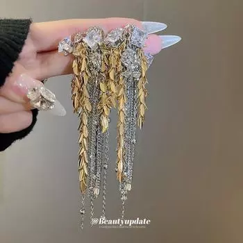 Silver Diamond Wheat Ear Tassel Earrings | Luxurious & Stylish Floral Design for Women Silver Needle золотой