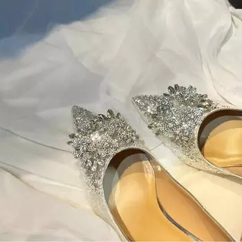 Silver engagement main wedding dress wedding shoes 2024 new spring and summer crystal sequins wedding bride shoes high heels stiletto 35