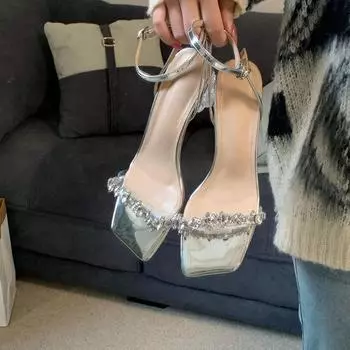 Silver French stunning high-heeled sandals women s summer rhinestone super fairy high-end thick heel with sandals 35 серебряный