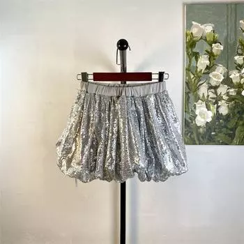 Silver Fried Street Small Sequin Skirt Women s Fall and Winter High Waist Cover Slim Looking Bud Elastic Waist Age-Reducing Skirt Silver M