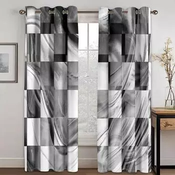 Silver Geometry Square Black & White Curtains 2 Panels Red Blue Living Room Bedroom Kitchen Balcony Windows Decorative Curtains 50W130H(CM)X2PCS&Grommet Top