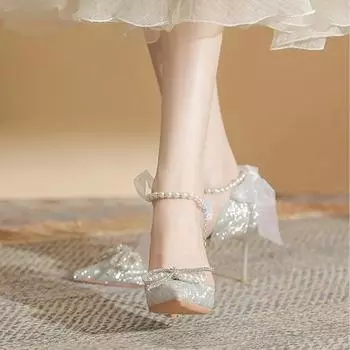 Silver High Heels Fairy Style Bow Tie Beaded Crystal High Heels Autumn New French Fine Heel Comfortable Women s Single Shoe 34