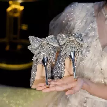Silver high heels women s spring and autumn 2025 new sequins high-end rhinestone bow pointed wedding shoes single shoes women 34