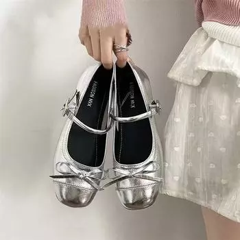 Silver light mouth ballet flat shoes women s new summer skirt round head Mary Jane shoes 35