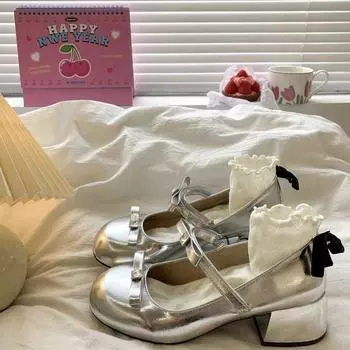 Silver light mouth ballet high heels single shoes women s new summer skirt round head Mary Jane shoes 35 серебряный