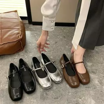 Silver Mary Jane shoes round head light mouth women s shoes spring 2024 new French evening breeze with skirt flat sole shoes 35