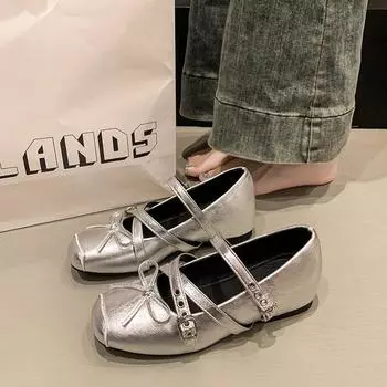 Silver Mary Jane single shoes women s summer new casual bow buckle inner height-increasing ballet shoes 35