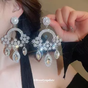 Silver needle diamond round teardrop earrings niche exaggerated earrings female fashion design earrings