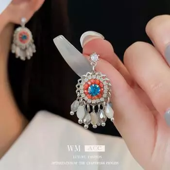 Silver Needle Studded Diamond Flower Crystal Tassel Earrings with Versatile Temperament, Bohemian Retro Fashion Earrings 1#