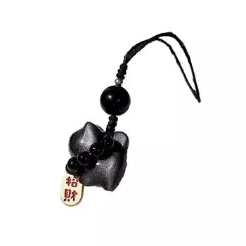Silver Obsidian Cat Lucky Cat Braid Rope Pendant Weave Rope Car Key Ring Bag Charms Phone Pendant Key Chain