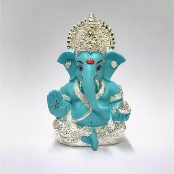 Silver Plated Ganesh Idol for Car Dashboard God Ganesha Idol for Home Decor Ganpati for Gift 3.5 inches (Silver) (Silver Fountain Blue)