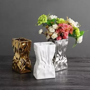Silver Pleated Ceramic Art Vase Pleated Bag Vase Floral Arrangement Accessories Terrarium Flower Pot Home Decoration Accessories