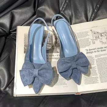 Silver pointed single shoes bow high heel sandals summer new fashion low heel rear empty light mouth slippers women 35