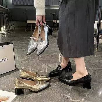 Silver pointed single shoes women s autumn deep-mouth high heels thick heel British style small leather shoes single shoes low-top shoes generation 35 чёрный
