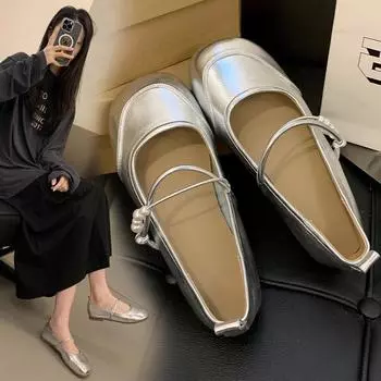 Silver Pumps Women s Flat Sole 2024 New Soft-Soled Fairy Evening Breeze with Skirt Mary Jane Beanie Shoes 35 серебряный