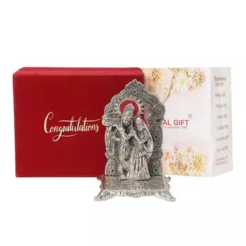 Silver Radha Krishna Chowki Idol Showpiece | Congratulations Tag with Velvet Box & Carry Bag | Ideal for Diwali,