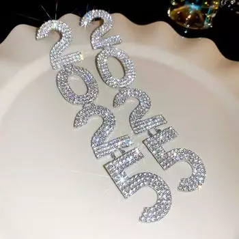 Silver Rhinestone Studs Earrings Long 2025 New Year Jewelry Sweet 2025 Earrings Daily серебряный