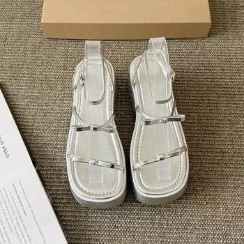 Silver sandals for women s new summer wear, exquisite straps, thick soles to increase height, and fashionable skirts 35