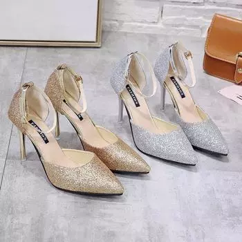 Silver sequined hollow high heels women s stiletto one-word buckle with pointed cat heel single shoes wedding dress new bridesmaid shoes 34 золотой