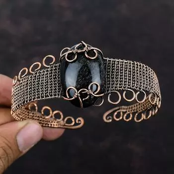 Silver Sheen Obsidian Bangle Gemstone Cuff Bracelet Copper Wire Wrapped Adjustable Cuff Bracelet Copper Jewelry Gift For Her Handmade Bangle