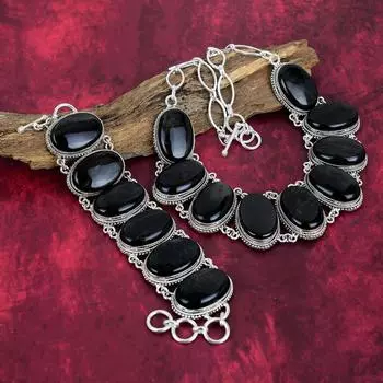 Серебряный блеск обсидиана драгоценный камень 925 цельное серебро ювелирные изделия, ожерелье и браслет ручной работы комплект ювелирных изделий для свадебного подарка Adjustable With 8 -18 чёрный