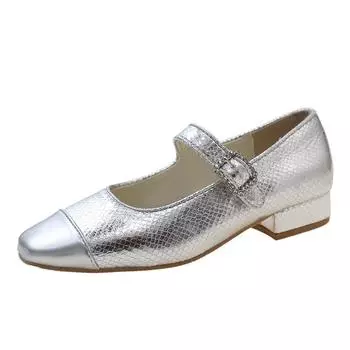 Серебристые туфли-лодочки 2024 года, весна, новые женские туфли-пуанты Mary Jane Pointe с пряжкой и строчкой на низком каблуке, маленькие кожаные туфли 35 чёрный